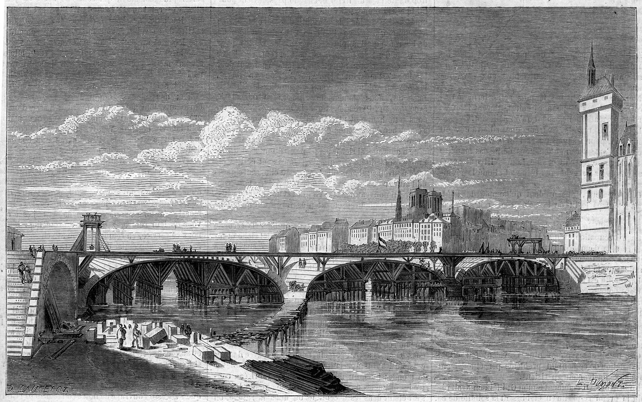 Transformaties van Parijs onder het Tweede Keizerrijk, Haussmann Parijs: zicht op de Pont au Change tijdens de reconstructie. Gravure in 
