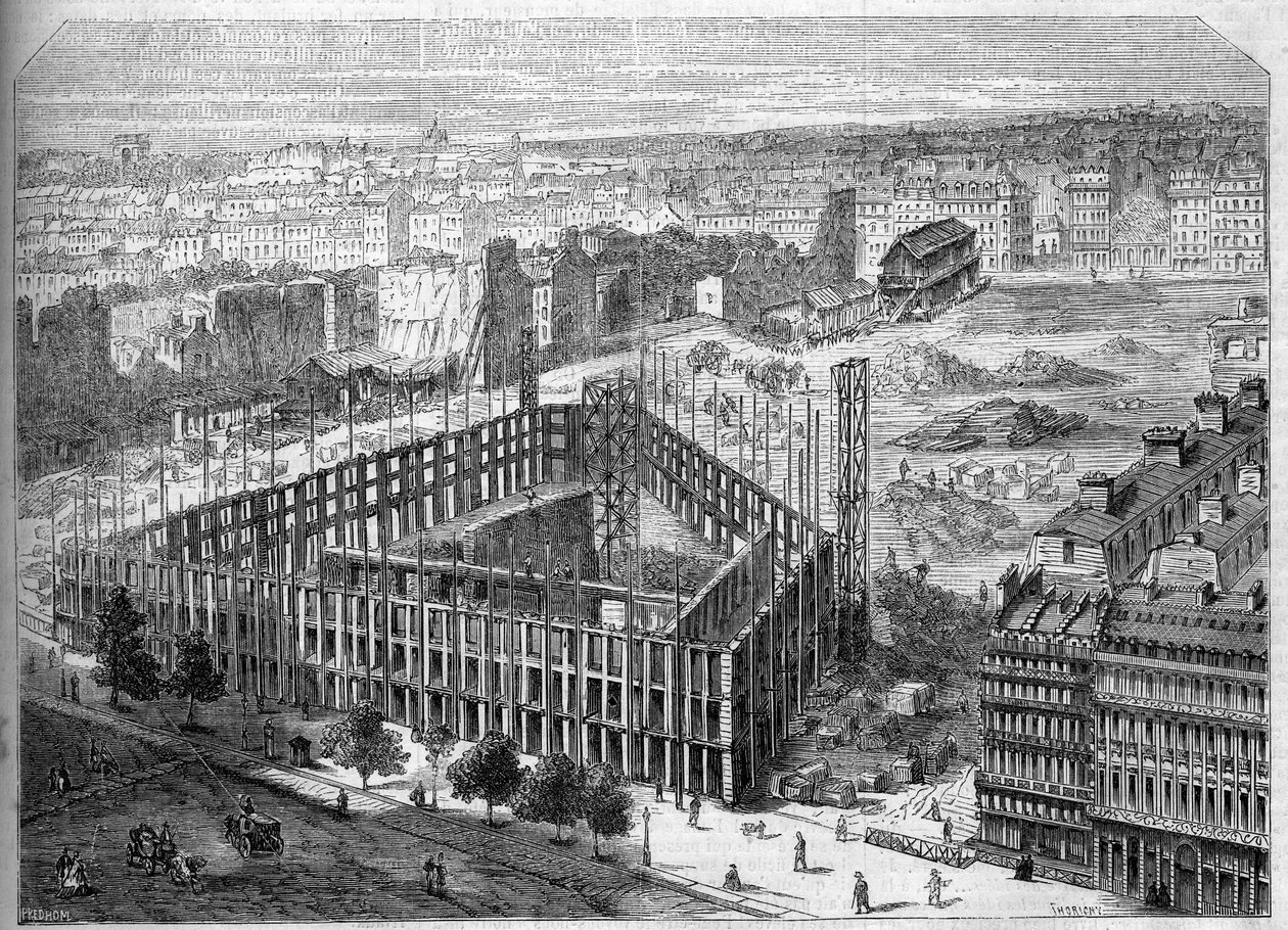 Transformaties van Parijs onder het Tweede Keizerrijk, Parijs Haussmann: bouw van het Hotel de la Paix en uitzicht op de locatie van het toekomstige Opera Garnier, tussen de straten Neuve des Mathurins, de Chaussee d
