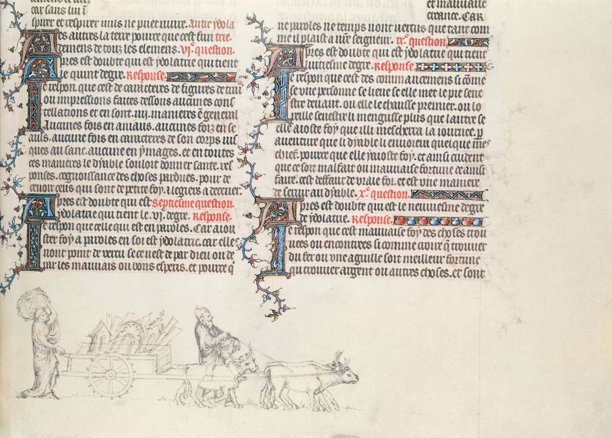 Vervoer van bezittingen in een door ossen getrokken wagen, onvoltooide miniatuur uit De Bijbel van Jean de Sy, ca.1355 door French School