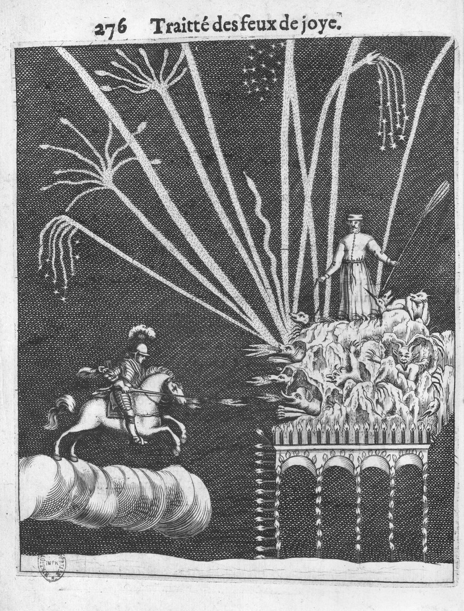 Verhandeling over vreugdevuren, illustratie uit Pratique de la Guerre door François Malthus, Parijs, 1656 door French School