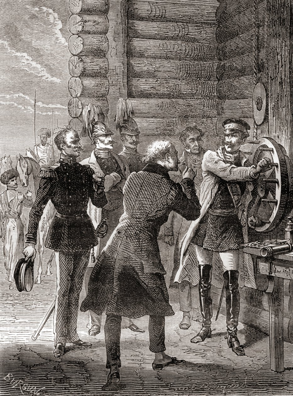 Tsaar Nicolaas I inaugureert de semafoor telegraaflijn tussen Moskou en Warschau in 1833, met een aanpassing van Claude Chappe