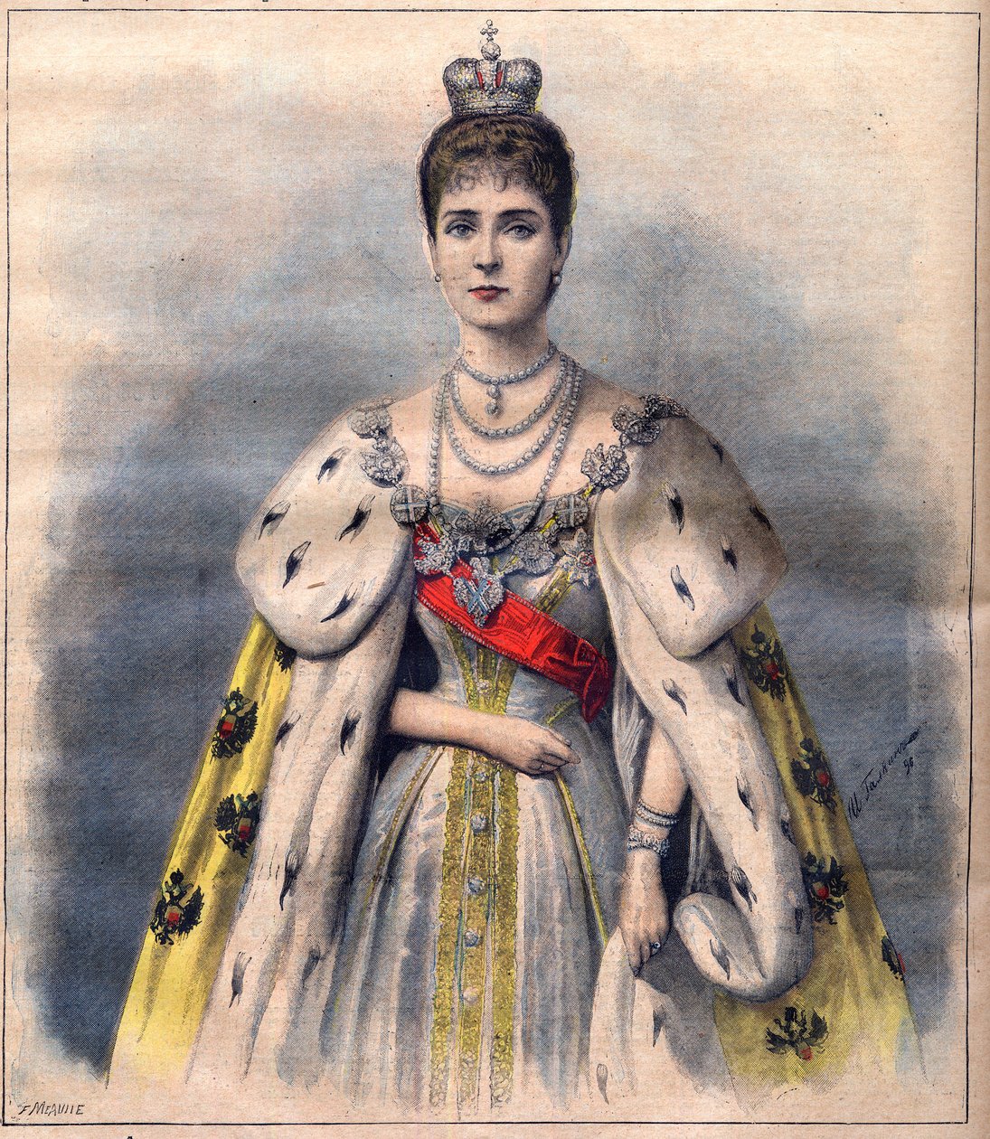 Tsarina Alexandra van Rusland in haar kroningsgewaden - Tsarina Alexandra Fjodorovna in het gewaad van de heilige. Illustratie voor Le Petit Journal, 24 mei 1896 (gravure) door French School