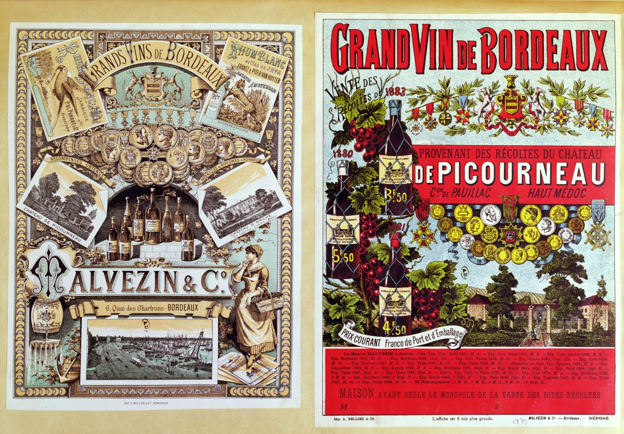 Twee advertenties voor Malevezin en Company distributeurs en de wijngaard Chateau de Picourneau, uit de Bordeaux regio, eind 19e eeuw door French School