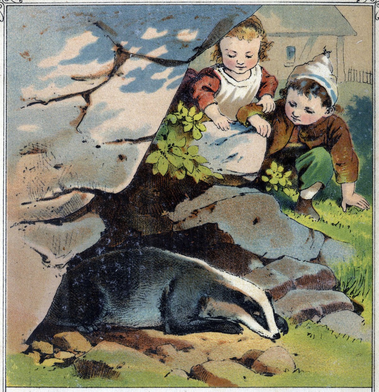 Twee kinderen observeren een das in zijn hol. Chromolithografie uit 