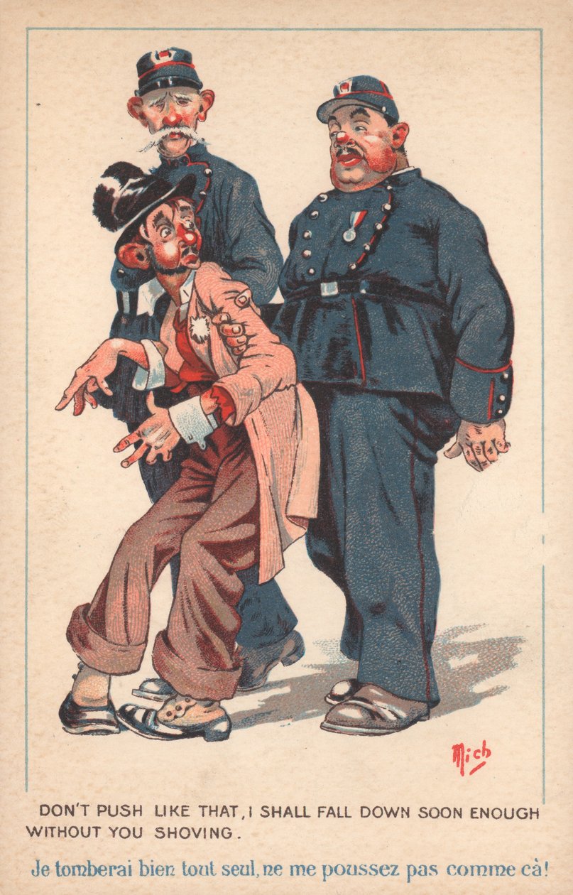 Twee politieagenten begeleiden een dronken man (kleurenlitho) door French School