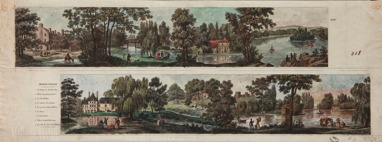 Twee uitzichten van Mortefontaine Park met bijschriften (ets met wc op papier) door French School