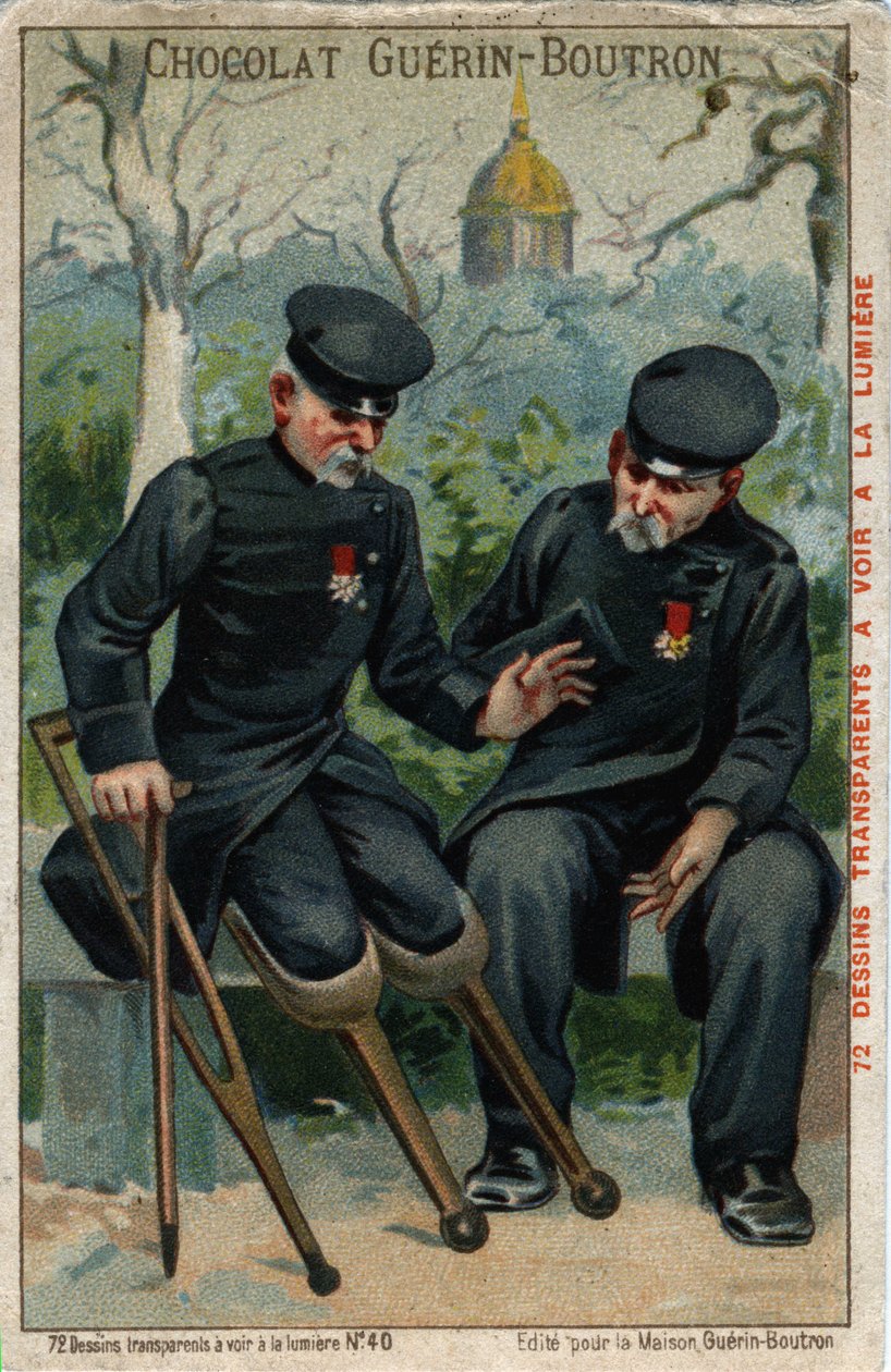 Twee oorlogsinvaliden: een stomp praat met een pinguïn. Chromolithografie van de 19e eeuw door French School