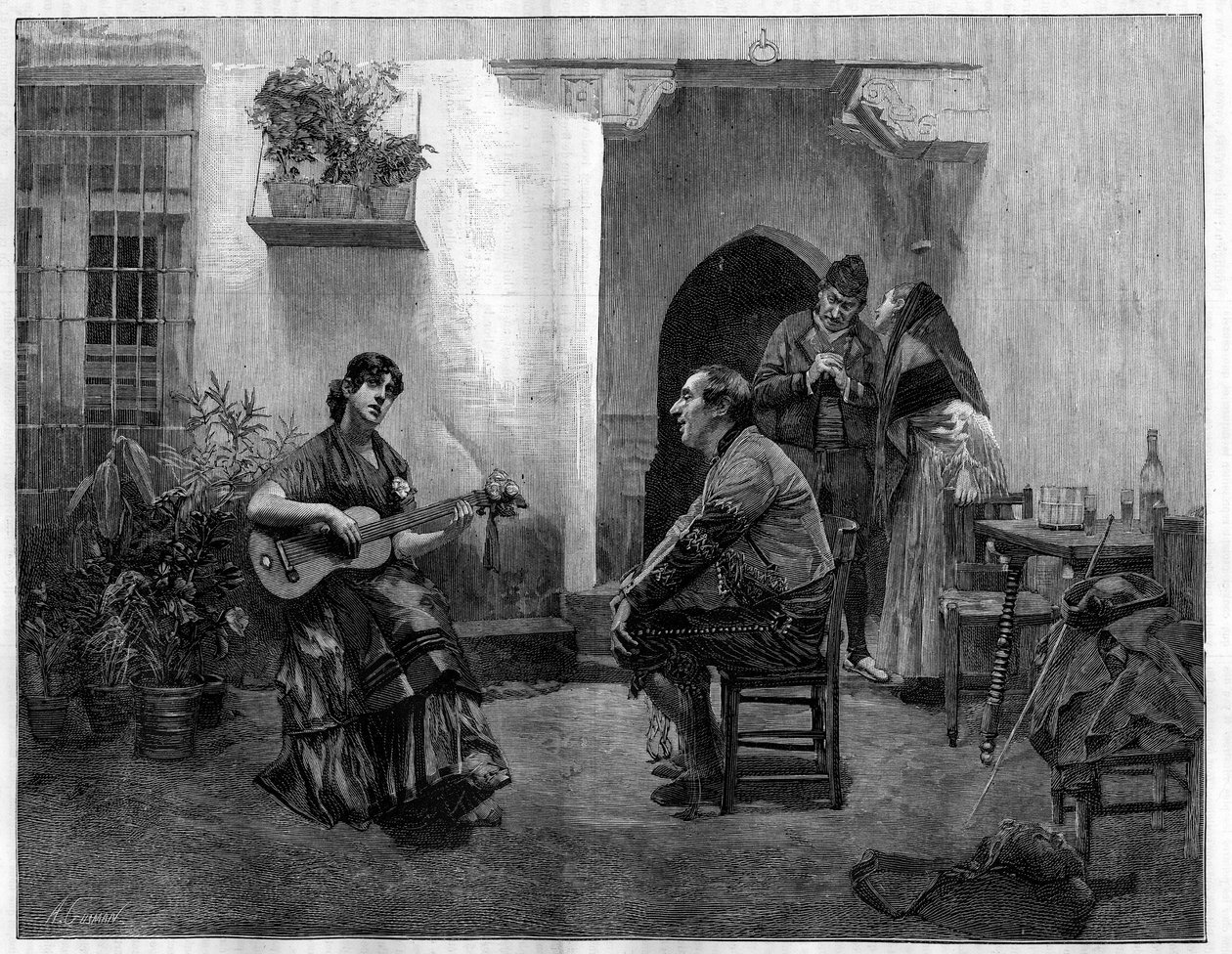 Onder de betovering: een man luistert vol bewondering naar een jong Spaans meisje dat gitaar speelt. Gravure naar het schilderij van Jules Worms in "The Illustrous World", 1 mei door French School