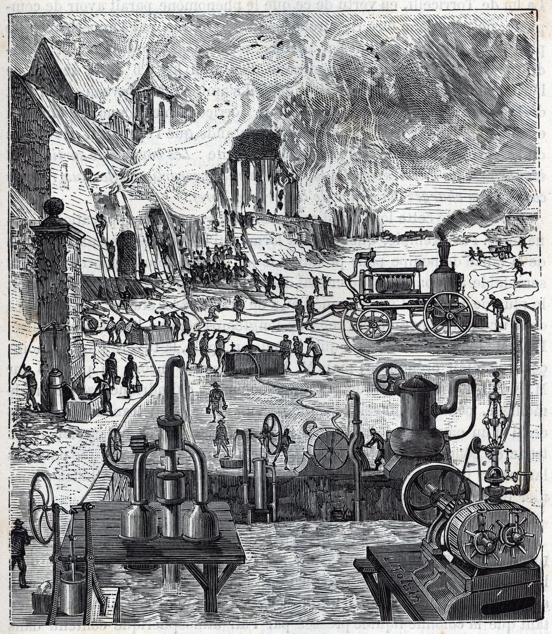 Gebruik van verschillende pompsystemen bij een brand in de 19e eeuw - Gravure in 