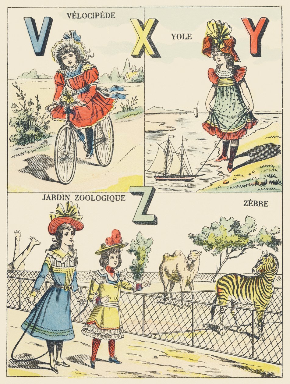 V X Y Z: velocipede, jol, dierentuin, zebra door French School