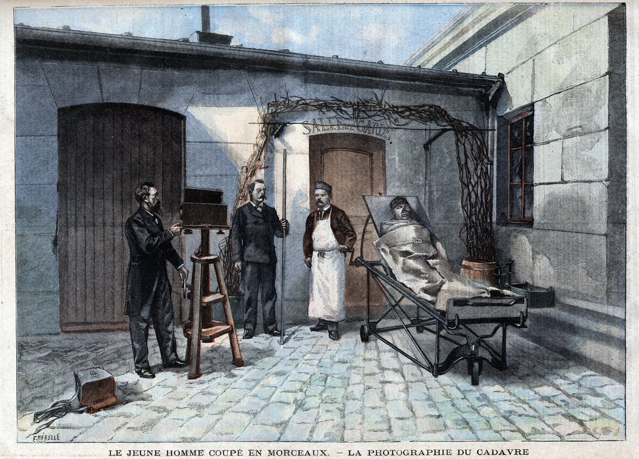 Diverse feiten: de foto van het in stukken gesneden lijk door de dienst van Alphonse Bertillon (1853-1914), een Franse wetenschapper, maker van de antropometrie. - in 