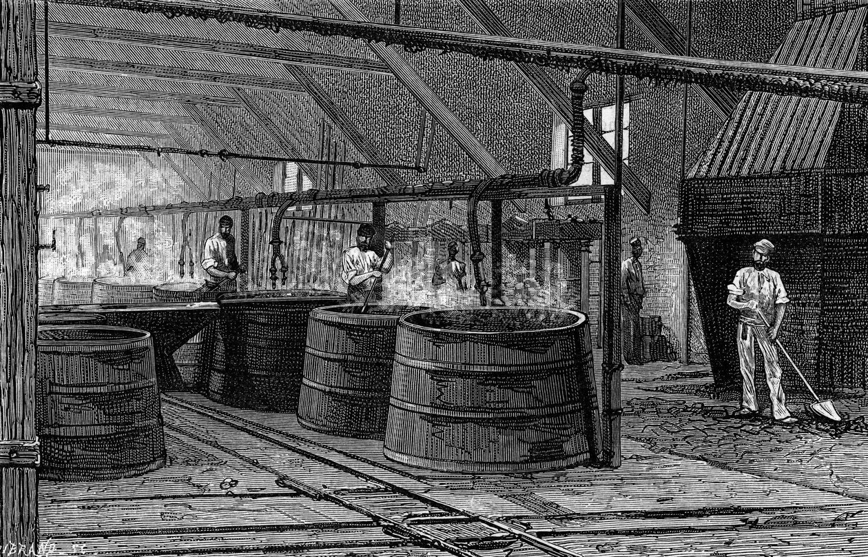 Vaten van de Suffrice-fabriek die de Seine afschuimen. Gravure in 