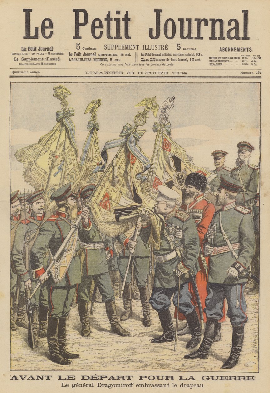 Russische veteraan generaal Mikhail Dragomirov kust de vlag van een regiment dat vertrekt naar de Russisch-Japanse oorlog (kleurenlitho) door French School
