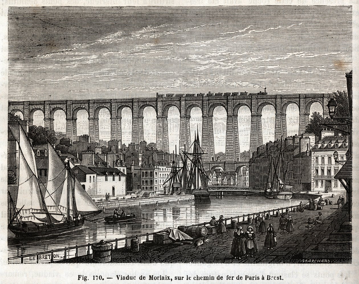 Viaduct van Morlaix, op de spoorlijn van Parijs naar Brest (Frankrijk). Gravure door Lebreton en Marchand, in 