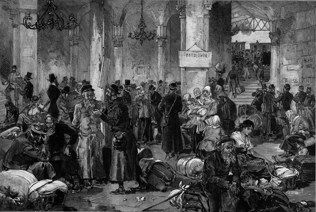 Wenen 1882, de Hal van de Verloren Zaken van het Noorden Fahn: de repatriëring van Joden die in ballingschap waren na de verzachting van de antisemitische beweging die in Rusland had plaatsgevonden, uit 