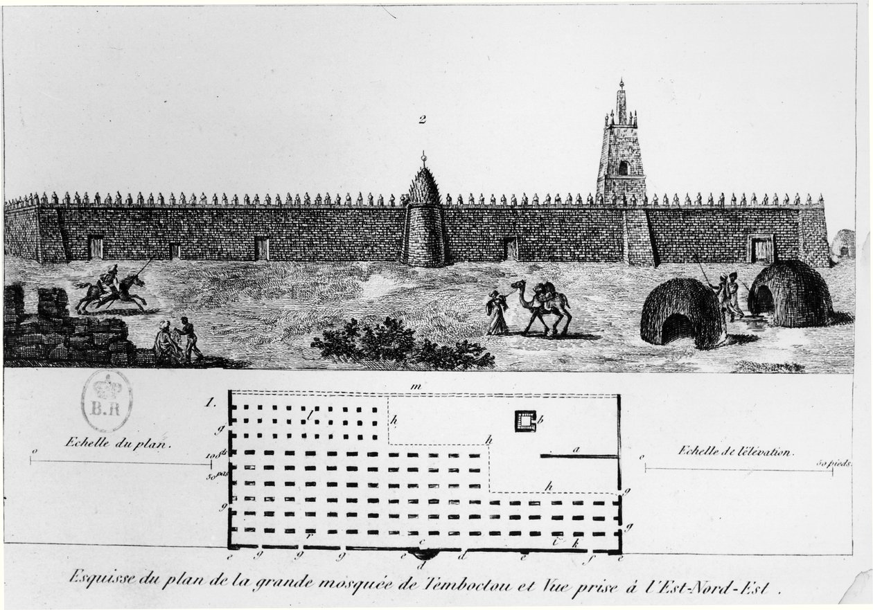 Zicht en plan van de grote moskee in Timboektoe, uit Journal d