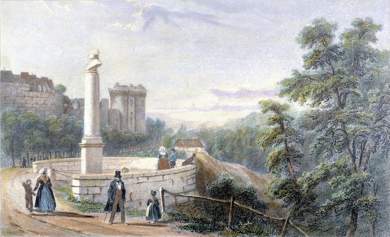 Uitzicht op Kasteel Dinan en het standbeeld van Duclos Pinot. Illustratie van de 19e eeuw bewaard in het Museum van Dinan door French School