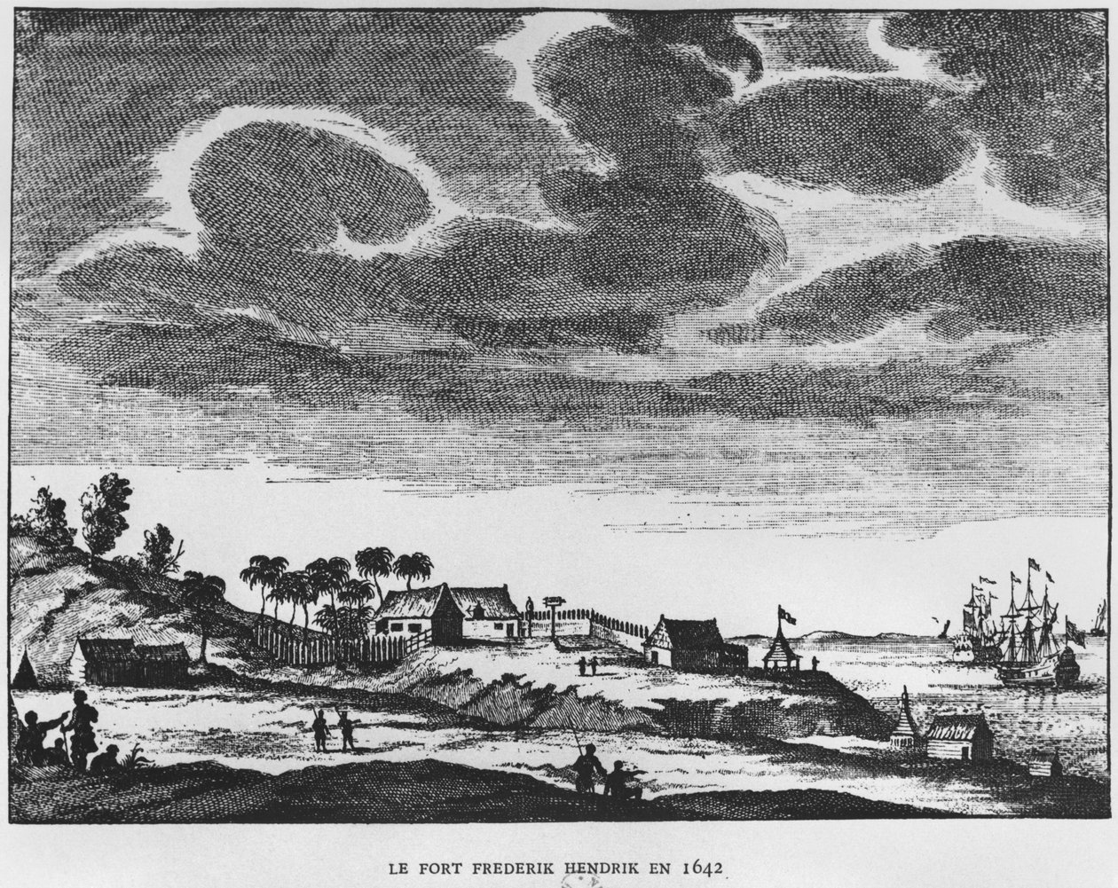 Uitzicht op Fort Frederik Hendrik, Mauritius, in 1642, illustratie uit Le Premier Etablissement Neerlandais a Maurice door Prins Roland Bonaparte (1858-1924) 1890 door French School