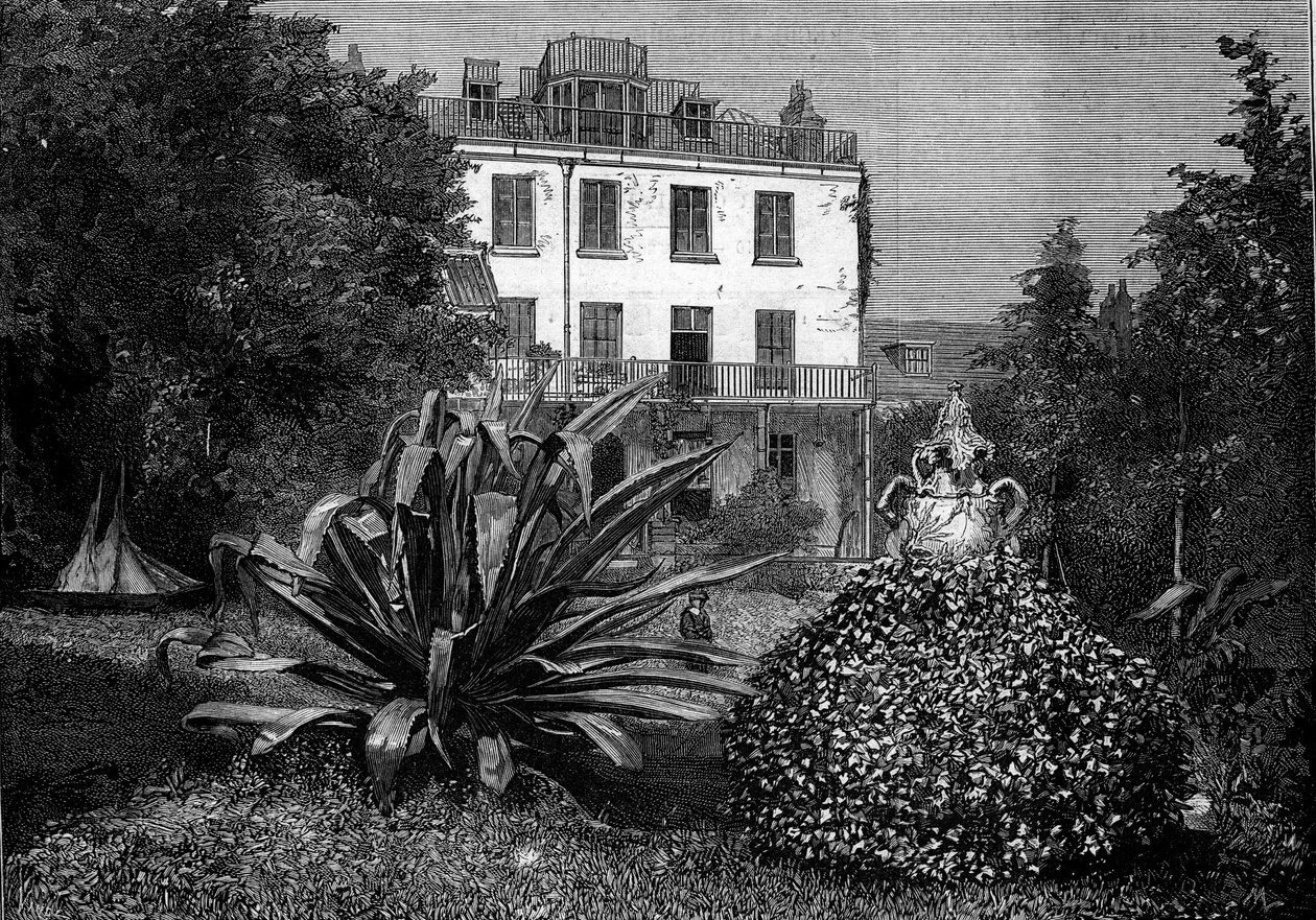 Uitzicht op Hauteville House, residentie van Victor Hugo tijdens zijn ballingschap op het eiland Guernsey. Gravure in 