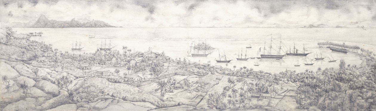 Uitzicht op Papeete, Tahiti, met uitzicht op de haven richting Moorea, midden 19e eeuw door French School