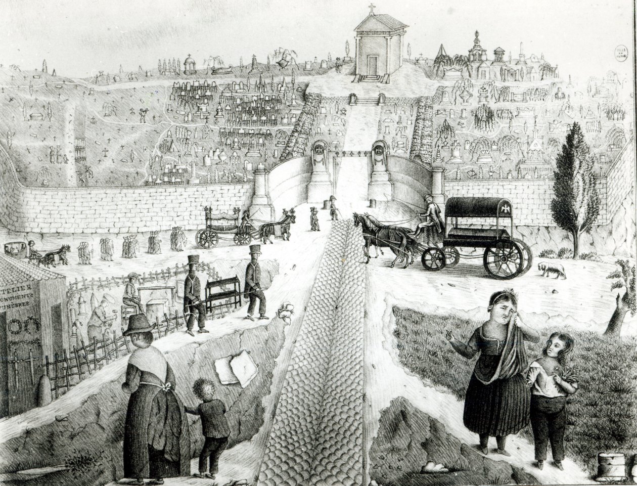 Uitzicht op de begraafplaats Pere-Lachaise, begin 19e eeuw door French School