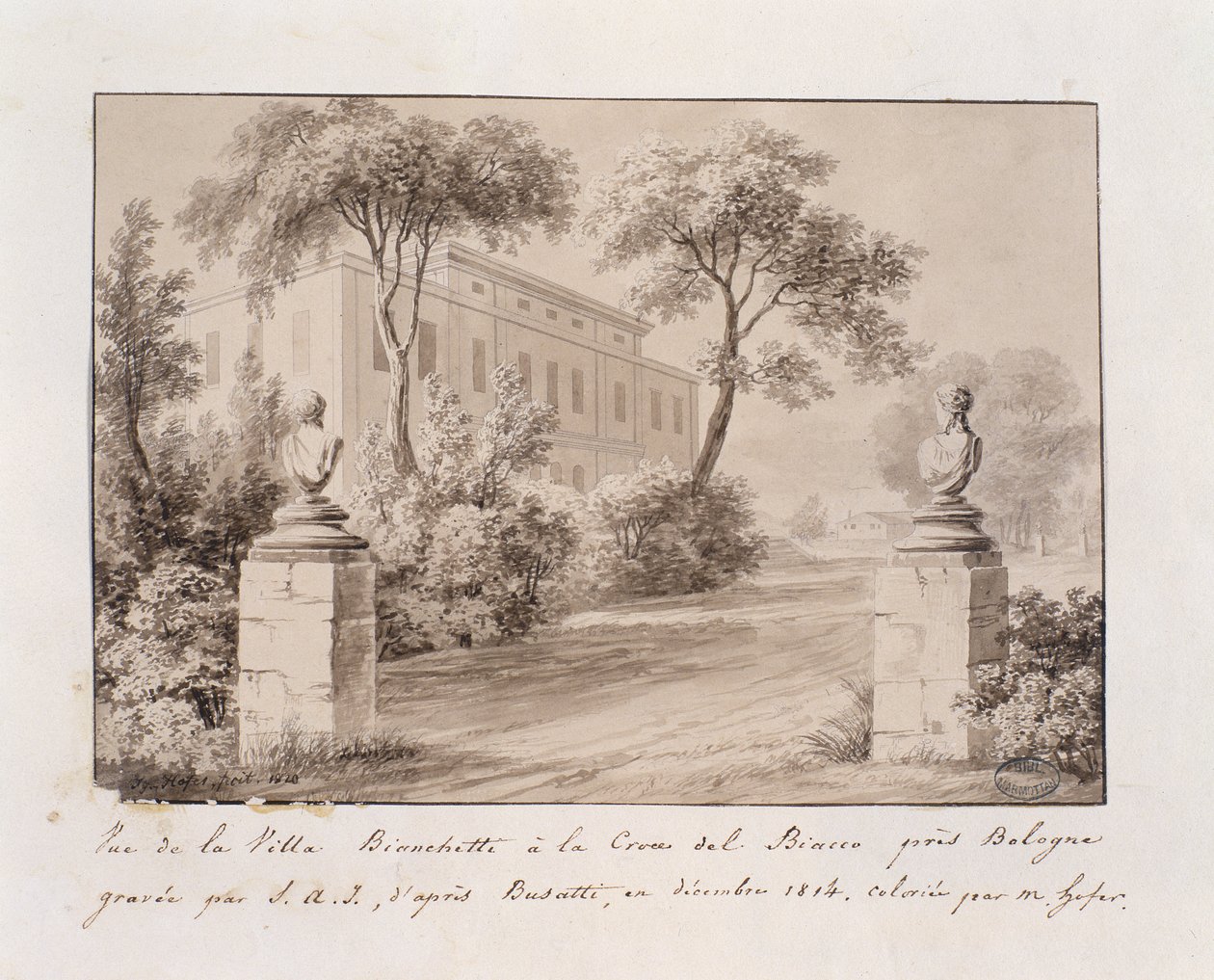Uitzicht op Villa Bianchetti in Croce del Biacco nabij Bologna, gegraveerd door S.A.I. naar Busatti, ingekleurd door M. Hofer, december 1814 (ingekleurde gravure) door French School
