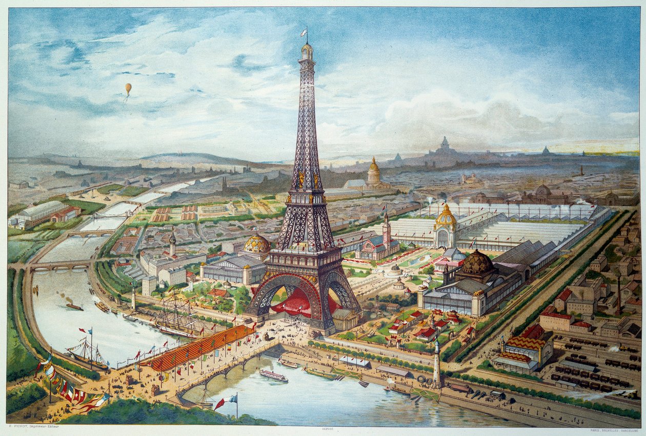 Uitzicht op de Wereldtentoonstelling van 1889 in Parijs. Gravure van 1889. Parijs, Decoratieve Kunsten door French School
