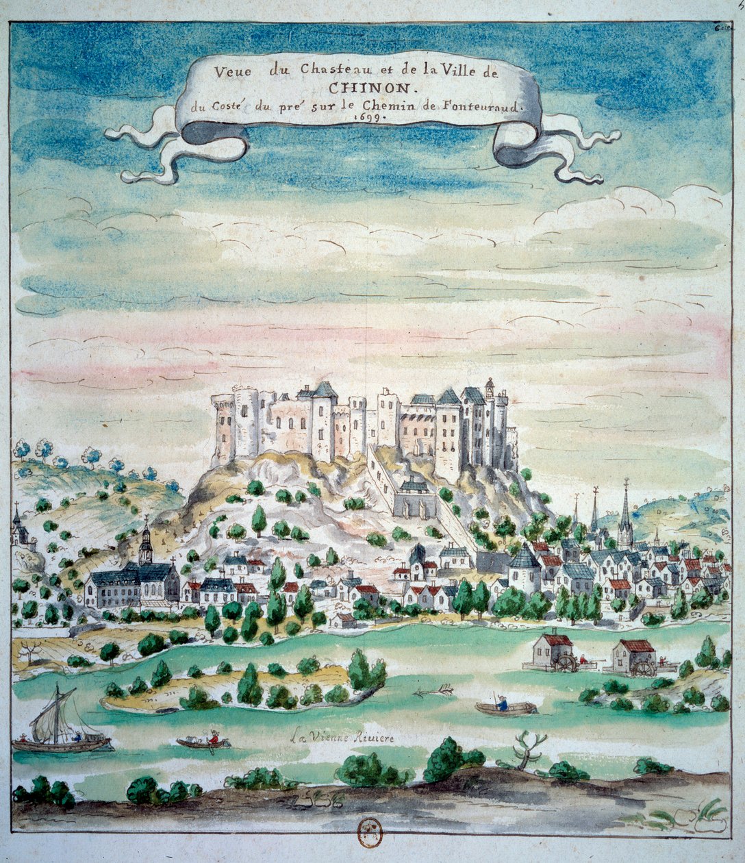 Zicht op het Kasteel van Chinon door French School