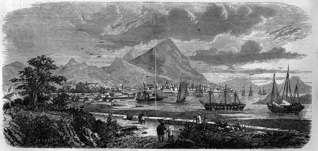 Uitzicht op de stad Hong Kong (Hong Kong) (Canton Bay Island) in 1857. Gravure in 