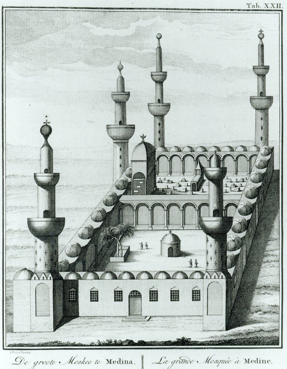 Zicht op de Grote Moskee in Medina voor de ontheiliging van de graven door de Wahhabi-sekte, uit Beschrijving van Arabië door Carsten Niebuhr (1733-1815) gepubliceerd 1774 door French School