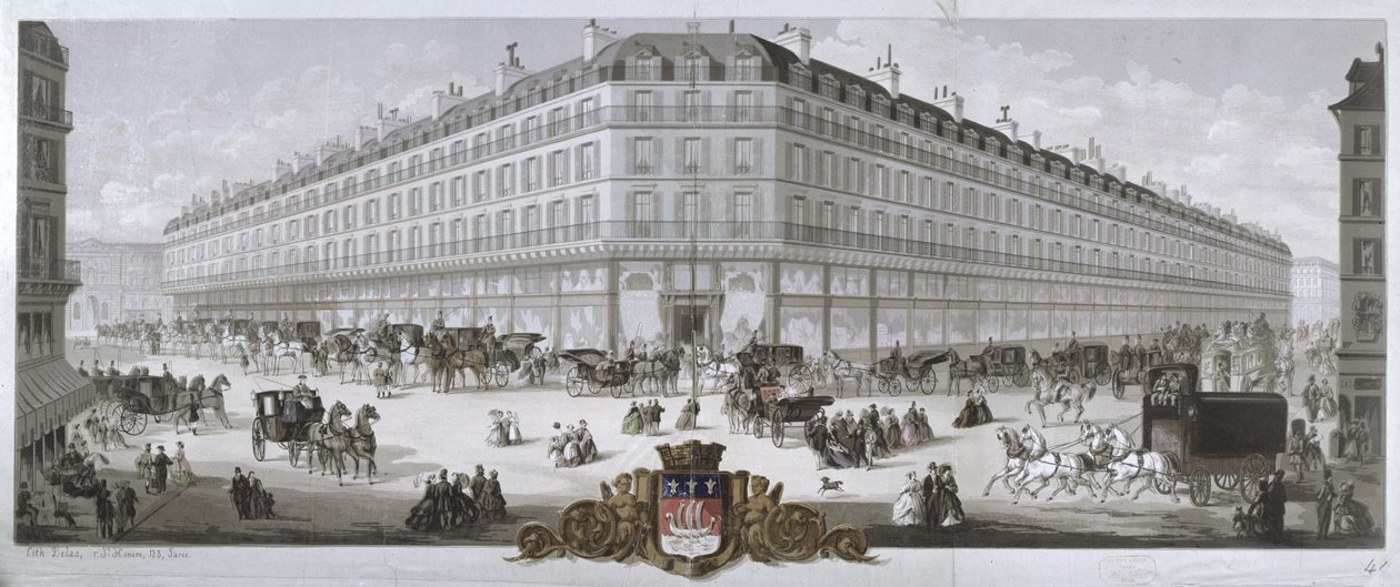 Uitzicht op het Magasins du Louvre warenhuis, Parijs, 1866 door French School