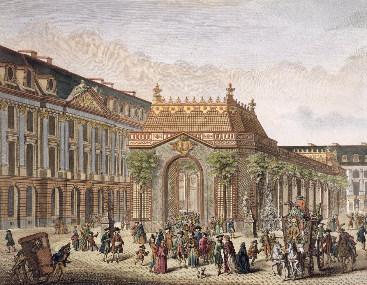 Zicht op de Place de Louis le Grand, met een van de kamers gebouwd voor de gelegenheid van het huwelijk van Monseigneur le Dauphin (detail) (kleurgravure) door French School