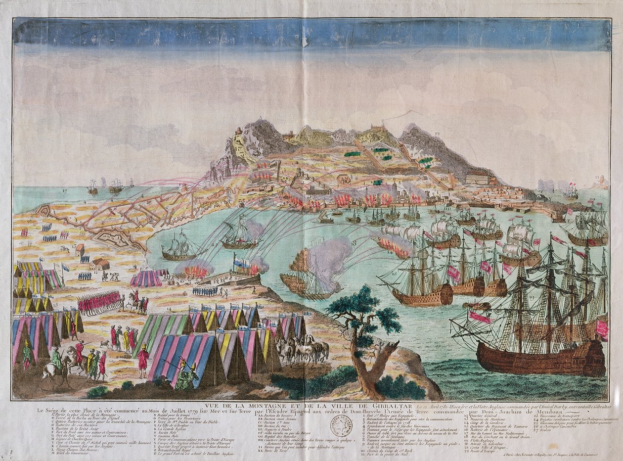 Uitzicht op de Rots en Stad van Gibraltar tijdens het Beleg van 1779 door French School