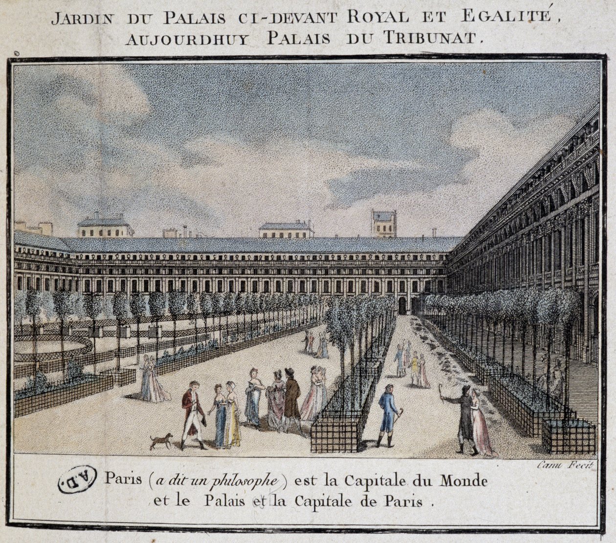 Uitzicht op het Koninklijk Paleis (Palais du Tribunat) met tuin en wandelaars door French School
