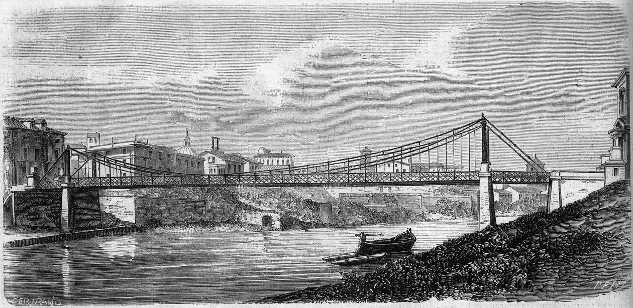 Uitzicht op de Sint-Jansbrug over de Tiber (Tevere) in Italië, ingehuldigd in 1863. Deze stalen brug is ontworpen door Alphonse Oudry (1819-1869). Gravure in 