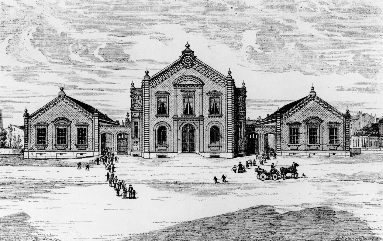 Uitzicht op de scholen en het theater, Familisterie van Guise, uit Solutions Sociales door Jean-Baptiste Andre Godin, Parijs, 1871 door French School