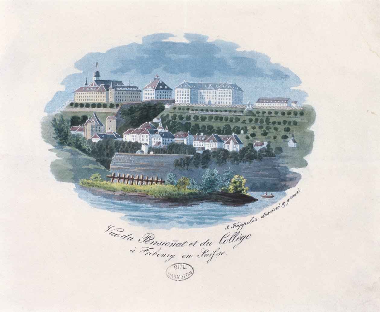 Uitzicht op de kostschool en het college in Fribourg, Zwitserland door French School