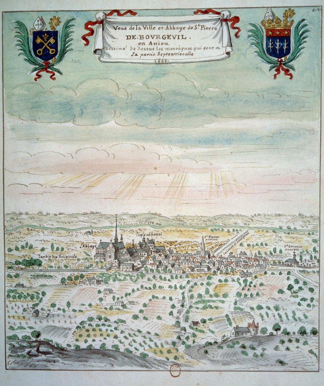 Zicht op de stad en de abdij van Saint Pierre de Bourgueil door French School