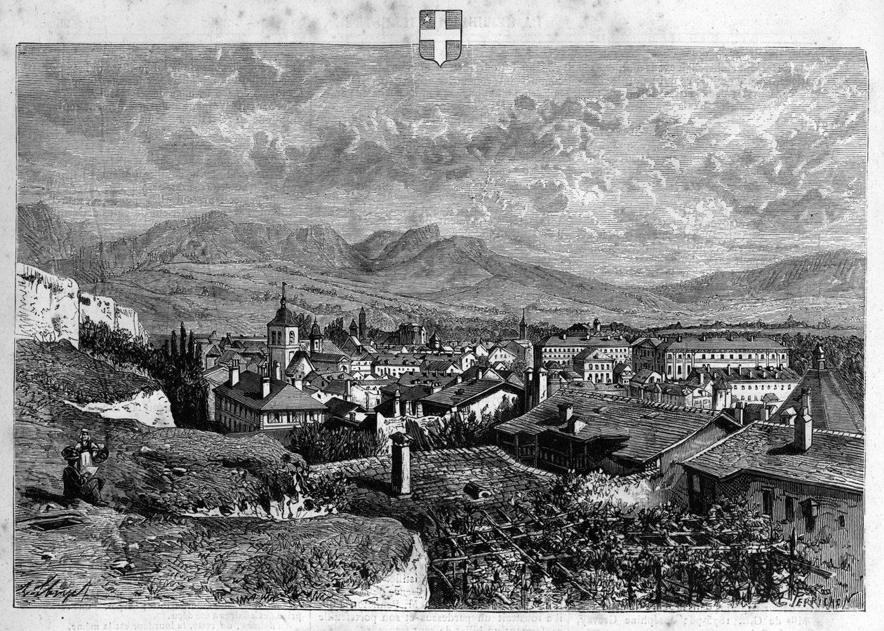 Uitzicht op de stad Chambery in Savoye. Gravure uit 1880 in "La republique illustree" privécollectie. door French School