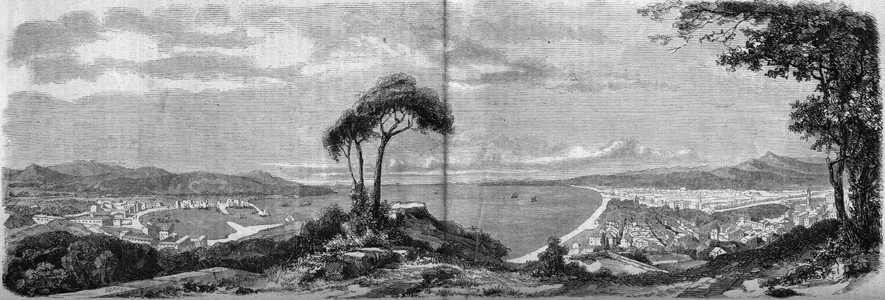 Uitzicht op de stad Nice in 1860. Gravure in 