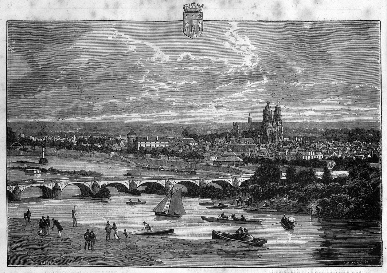 Uitzicht op de stad Tours in de Indre-et-Loire. Gravure uit 1880 in 