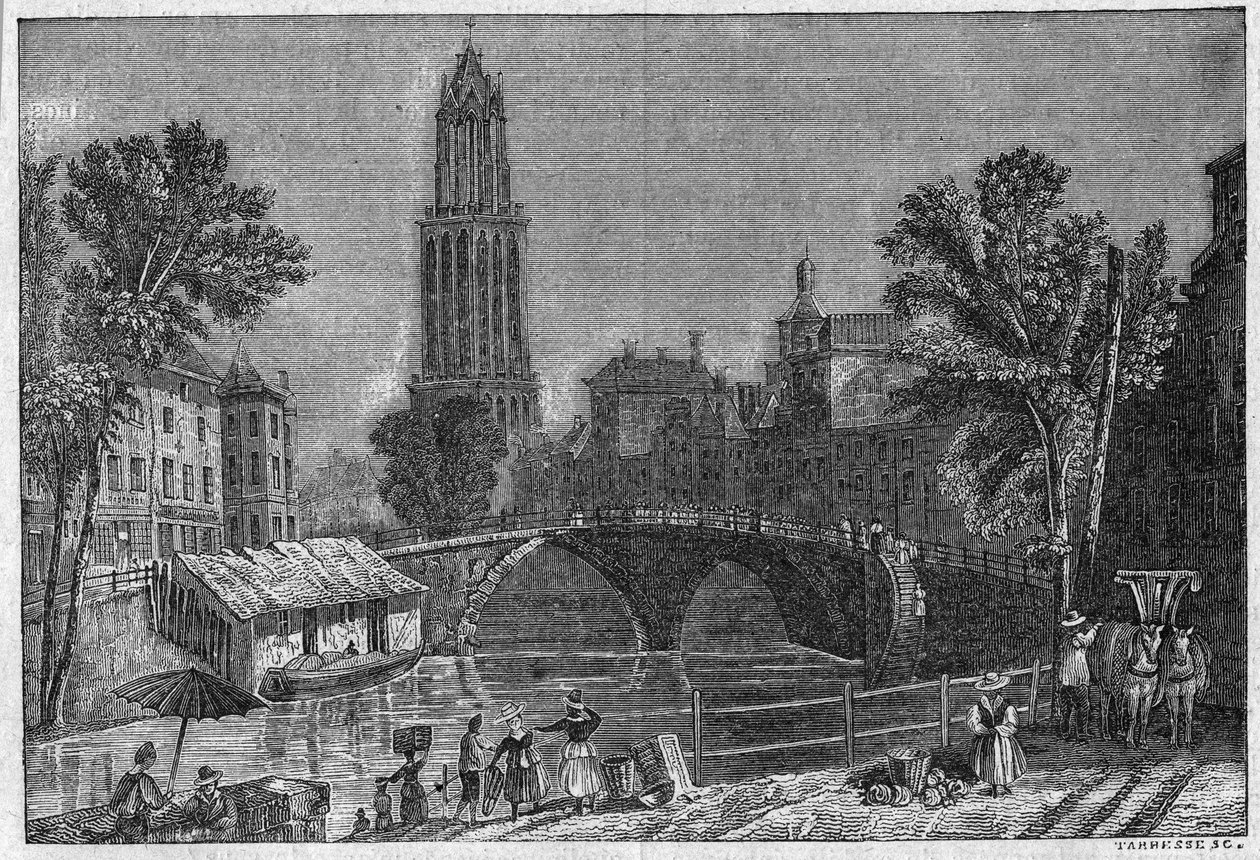 Uitzicht op de stad Utrecht in Nederland, eind 19e eeuw. Gravure in 