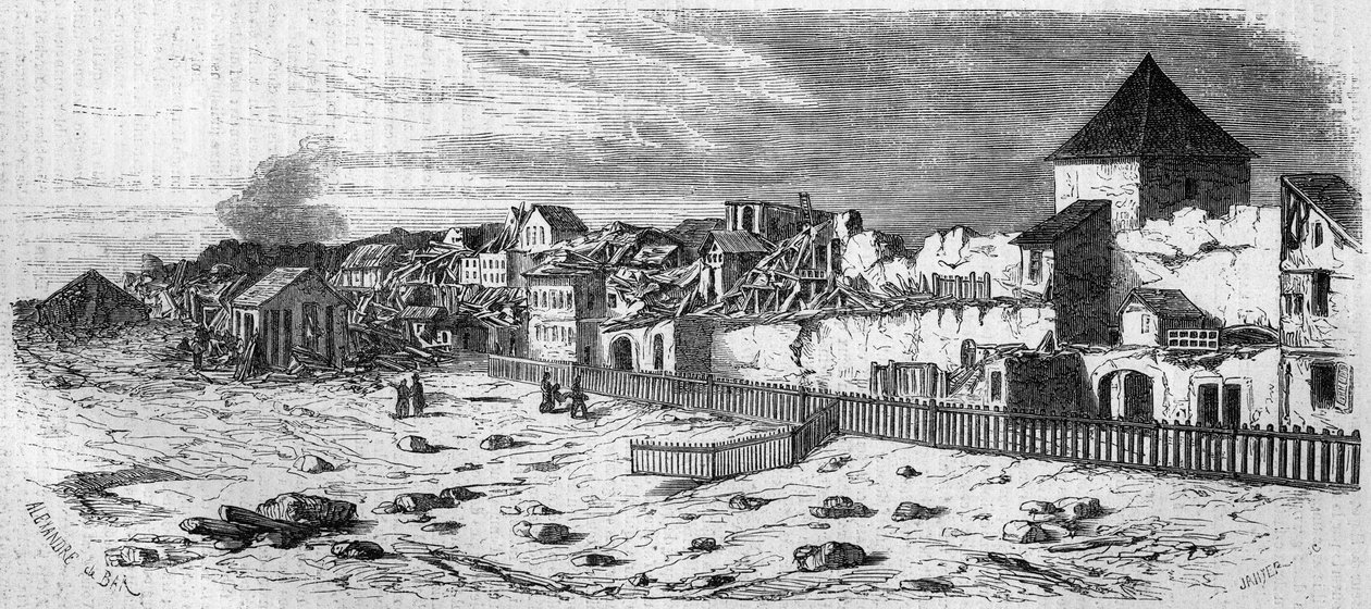 Uitzicht op de wijk van de stad Kastrich, in Mainz (Duitsland), na de explosie van het kruitvat in 1857. Van een foto. Gravure in 