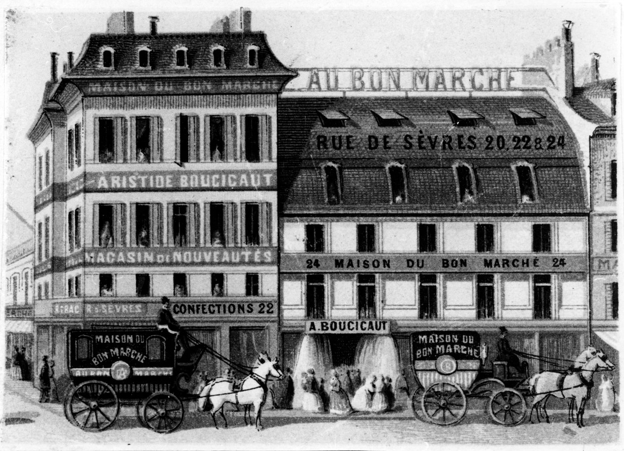 Uitzicht op de buitenkant van de Bon Marché winkels, rue de Sèvres, Parijs, c.1869 door French School