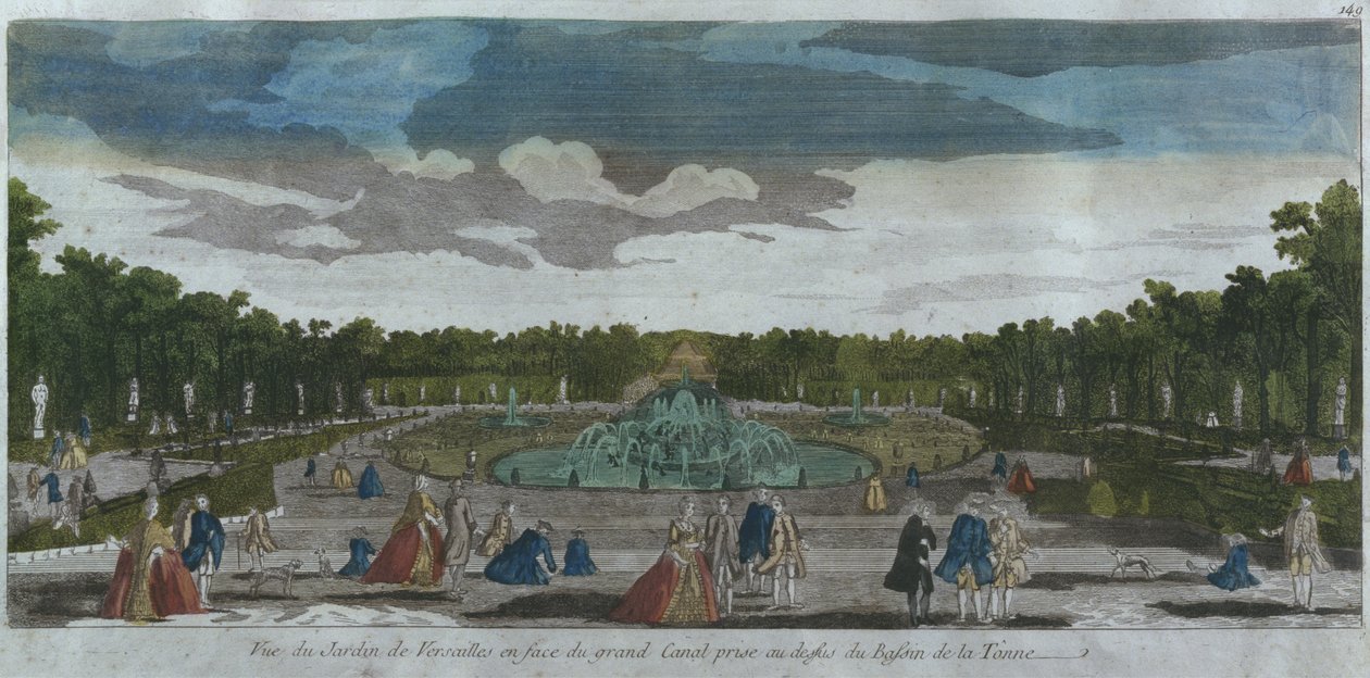 Uitzicht op de tuin voor het Canal Grande gezien vanaf de fontein van Latona, Versailles, Frankrijk door French School