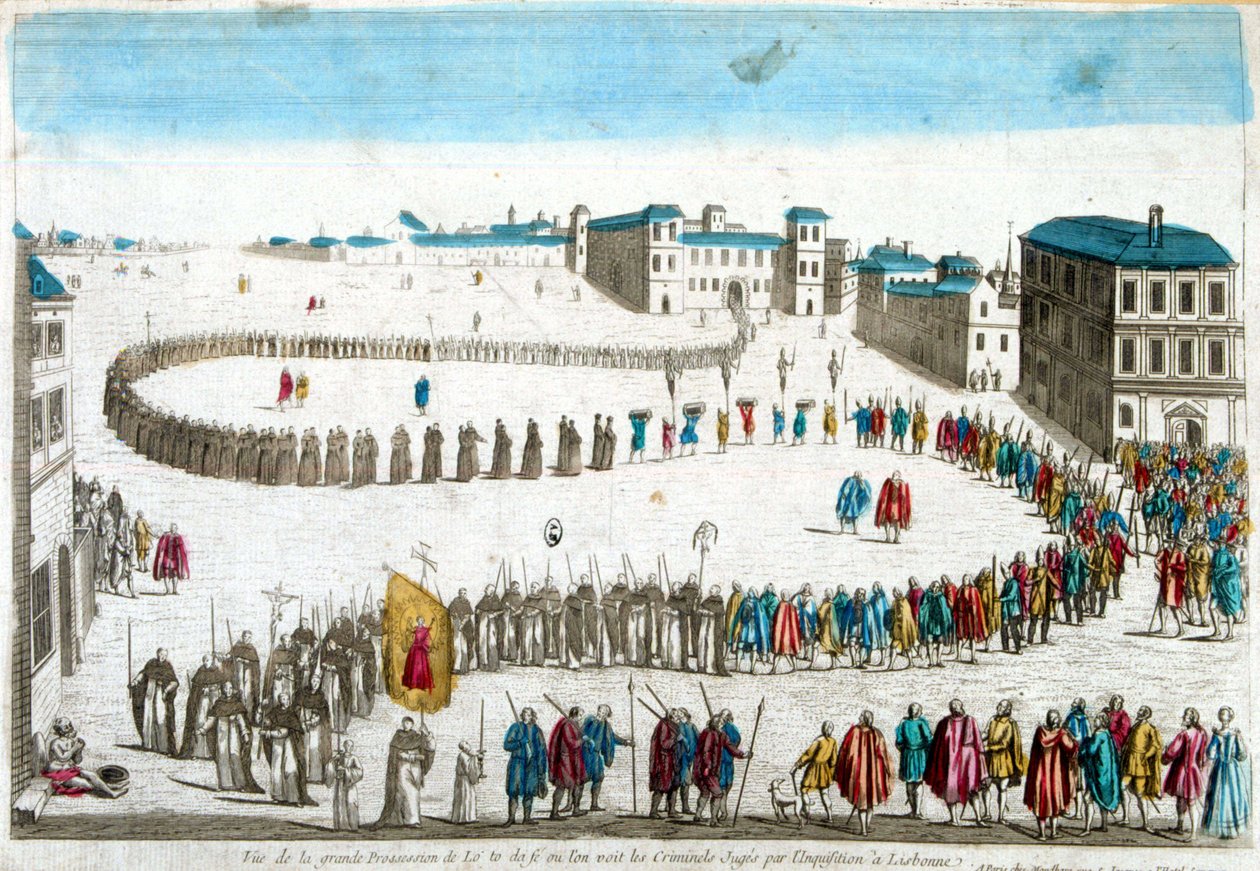 Zicht op de grote processie van de autodafé waar we de criminelen zien die door de Inquisitie in Lissabon zijn berecht - gravure door French School