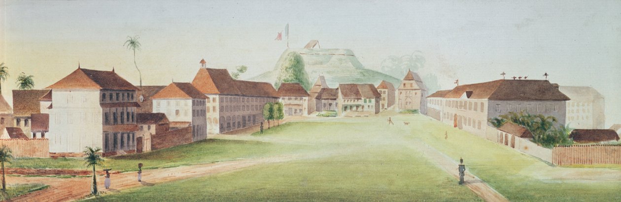 Zicht op de infanteriekazerne in Cayenne, Frans Guyana, c. 1840 door French School