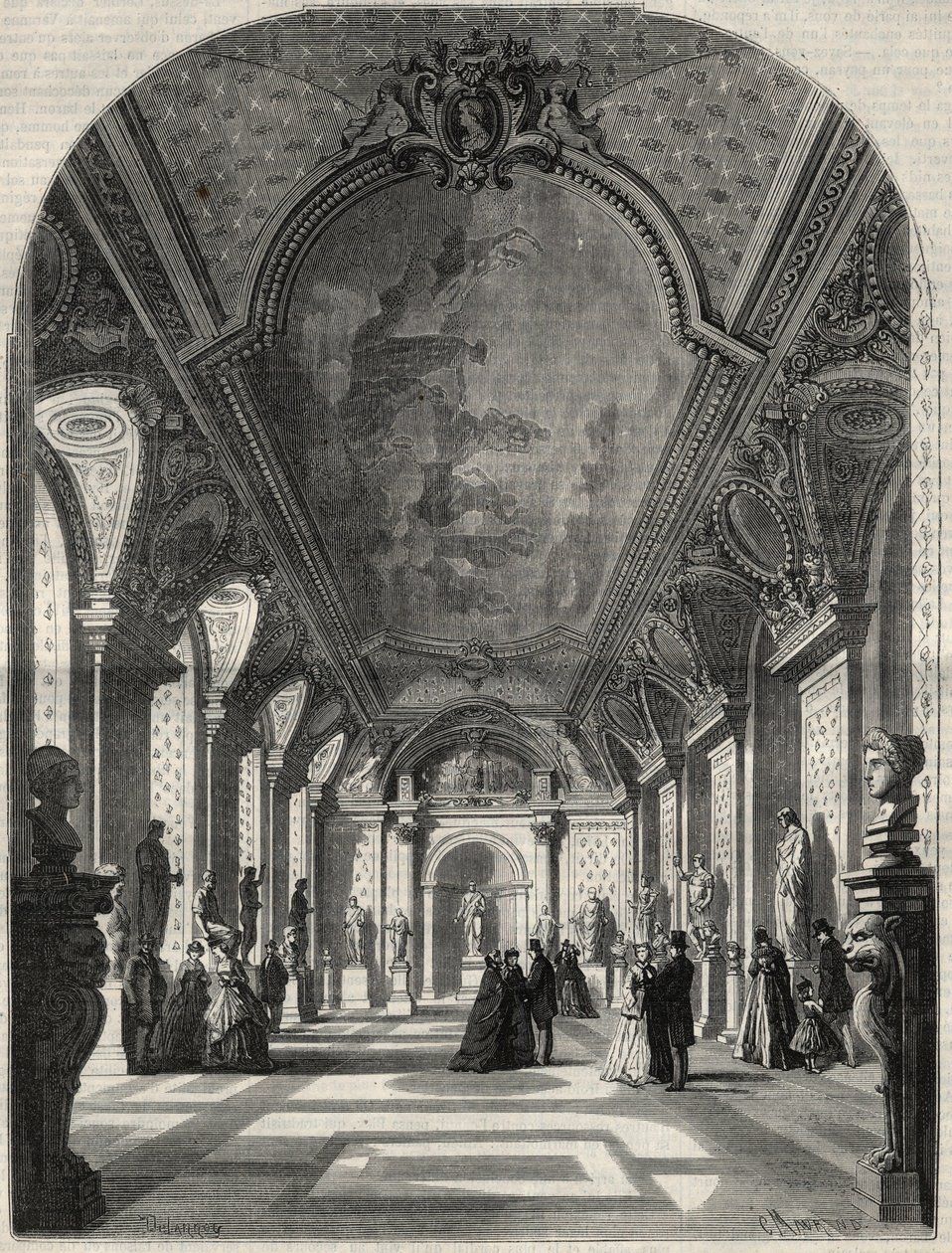 Zicht op de nieuwe zaal van de Romeinse keizers, in het Musée des Antiques du Louvre. Gravure in 