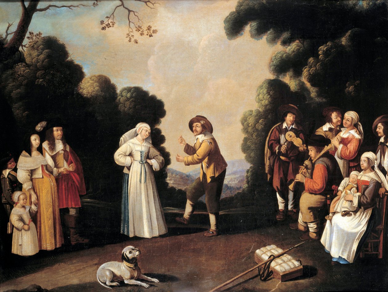 Dorpsdansscène waarschijnlijk op een bruiloftsfeest, een zwangere vrouw links. Schilderij van de Franse school. 17e eeuw. Avignon, Musée Calvet door French School