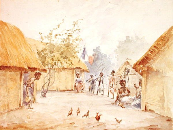 Dorp in Madagaskar ten tijde van de verovering door Frankrijk in 1895-96 door French School